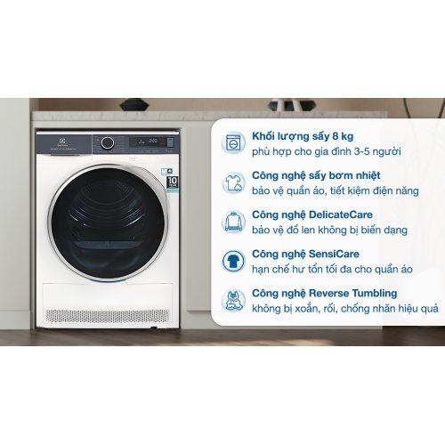 Máy sấy bơm nhiệt Electrolux UltimateCare 8 kg EDH803Q7WB 0