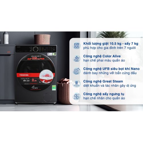 Máy giặt sấy Toshiba Inverter giặt 10.5 kg - sấy 7 kg TWD-T25BZU115MWV(MG) 0